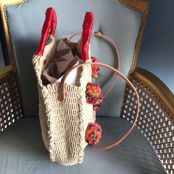 NWOT J. Crew colorful round straw pom pom crossbody circle tote hobo boho bag - Picture 12 of 16